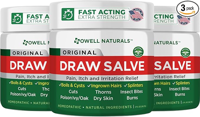 OWELL NATURALS Drawing Salve Ointment for Boils & Cyst Removal, Deep Ingrown Hair, Splinter Out, Bumps, Bug Spider Bites, Bee Sting, Mosquito Itching, Poison Ivy, 2 oz (3 Pack)