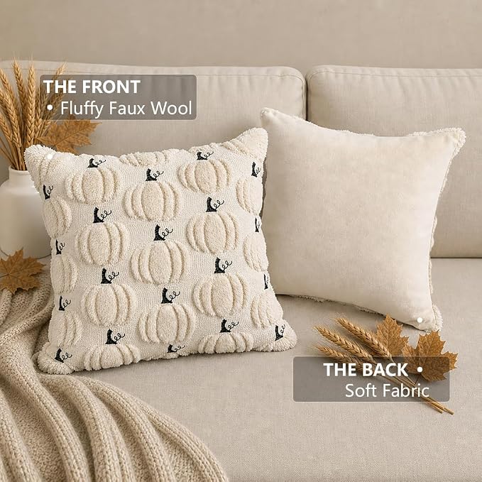 Fall Pumpkin Decorative Pillow Covers 16x16 Set of 2, Beige Soft Plush Faux Fur Wool Farmhouse Throw Cushion Cases for Autumn Thanksgiving Holiday Home Decorations