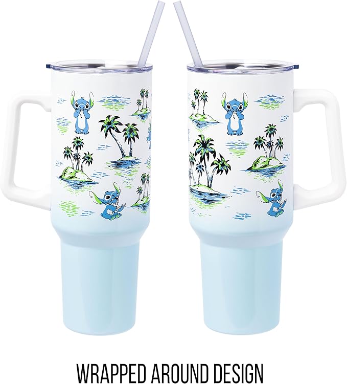 Silver Buffalo Disney Lilo and Stitch Vintage Sketch Palm Trees & Flowers Double Walled Stainless Steel Tumbler with Handle and Straw, Fits in Standard Cup Holder, 40 Ounces (Pack of 12)