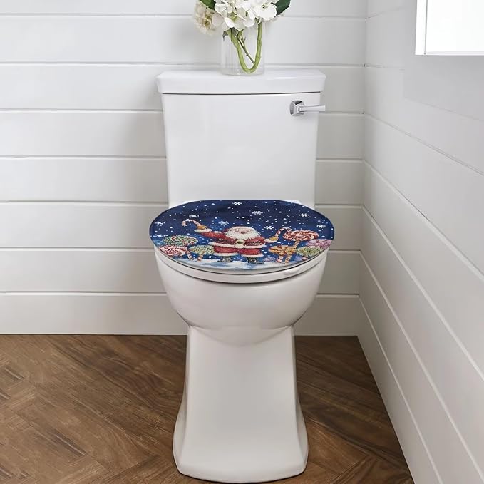 Santa Claus Toilet Tank Cover Replacement Candy Cane Toilet Seat Cover for Motorhome Xmas Decor Bathroom Decoration Accessories Universal Fit Oval