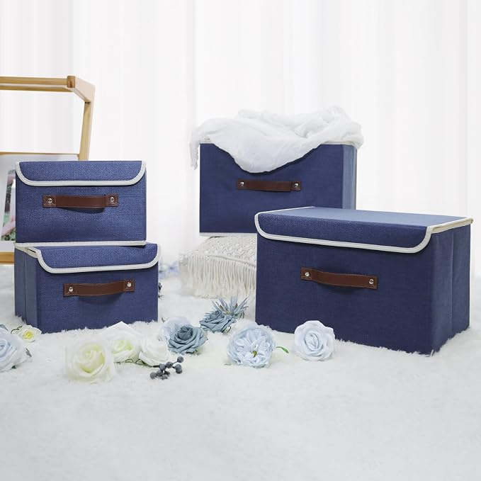 ANMINY Fabric Storage Box Bins with Lids, Blue, 13"x9"x7.9", 2 Pack | Keepsake Memory Storage, Cotton Linen, PP Board Reinforced, Washable, PU Handles, Foldable & Stackable, Decorative, Medium