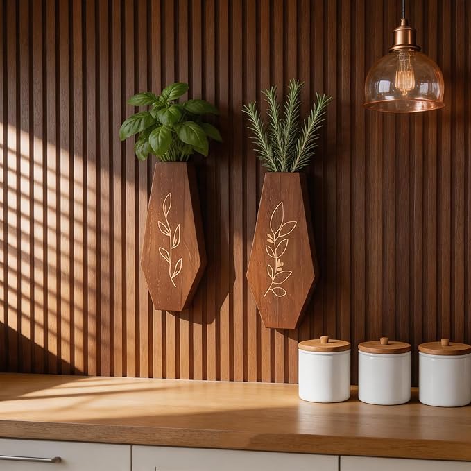 Wood Wall Planter 2 Pack, Modern Farmhouse Wall Decor Mounted Wooden Vase Set, Hanging Planter for Indoor Plants, Boho Wall Decor for Living Room, Entryway, Hallway, Bathroom (Brown)