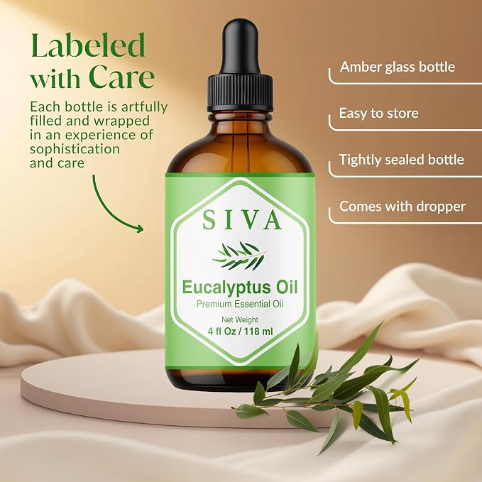 Siva Eucalyptus Essential Oil 4 Fl Oz – for Diffuser, Skin & Hair Care – Ideal for Aroma, Massage & DIY Blends- with Dropper