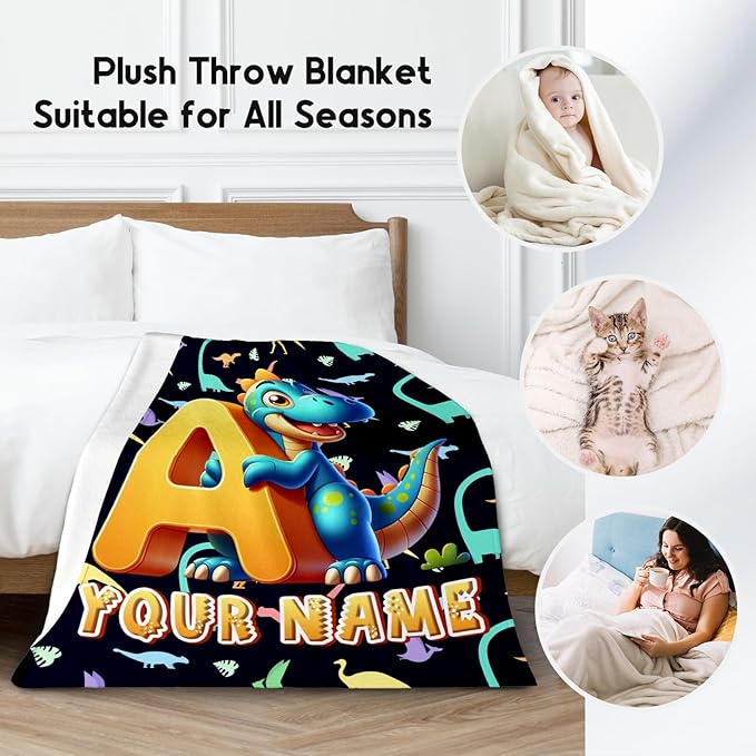 Custom Kids Blankets with Name - Dinosaur Blanket for Boys Girls - Personalized Initial Throw for Dinosaur Lovers - 40"x50" Cute Toddler Throws for Couch, Sofa - Monogram Gifts