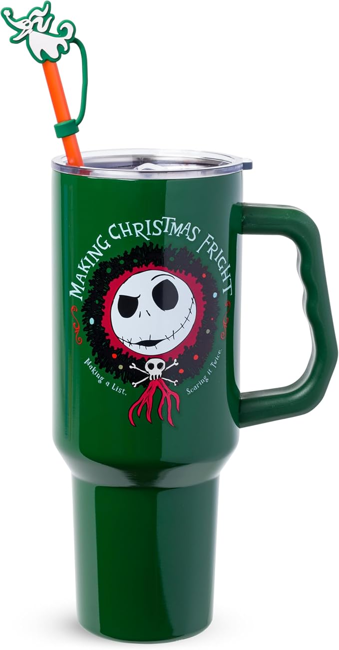 Silver Buffalo Disney Nightmare Before Christmas Making Xmas Fright Jack Skellington & Zero Double Walled Stainless Steel Tumbler w Handle, Straw, and Straw Cap, Fits in Standard Cup Holder, 40 Ounces
