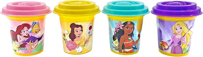 CRA-Z-Art Disney Princess 4 Pack Softee Dough with Princess Character Molds on Each Lid Ariel, Belle, Moana and Rapunzel, and Includes Bonus Glitter Dough, Creative Play Dough Gift, Ages 3 and Up
