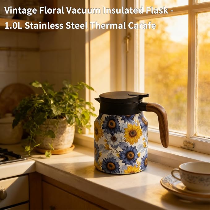 35 OZ Sunflower Vintage Floral Tea Pot with Infuser, Large Capacity Insulated Stainless Steel Tea Kettle, 12 Hour Hot/Cold Retention, Tea-Water Separation Loose Leaf Tea Steeper for Hot Drinks