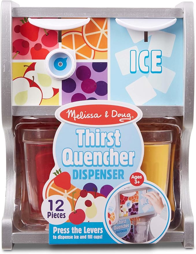 Melissa & Doug Thirst Quencher Wooden Drink Dispenser with Juice Inserts, Ice Cubes & Play Kitchen Accessories, Preschool Learning Toys for Girls & Boys 3+ - FSC Certified