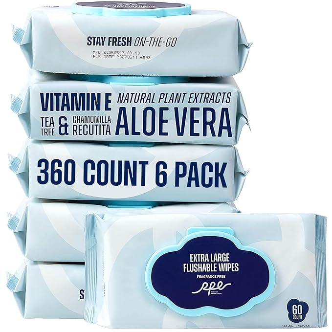 RPE Life Flushable Wet Wipes - 6 Large Packs (360 Ct) - Unscented Extra-Large Body & Hand Tissue with Vitamin E & Aloe - For Adults, Children & Kids - Ideal for Home, Bathroom, Car & Everyday Hygiene