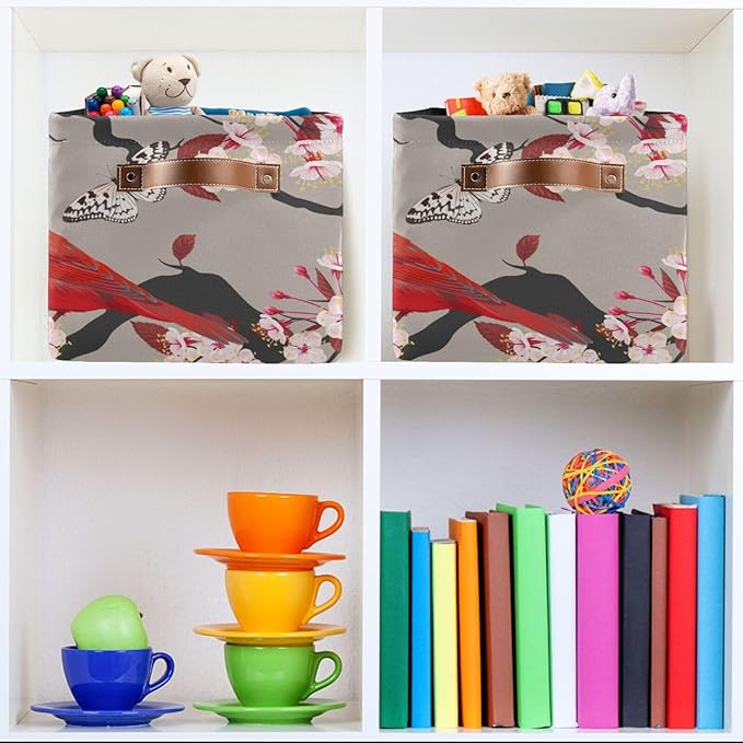Aslsiy Storage Basket Cardinal Blooming Cherry Nursery Bins Butterfly Baby Box Canvas Clothes Shelf Basket Laundry Hamper Gift Basket for Home Closet 1 Pcs