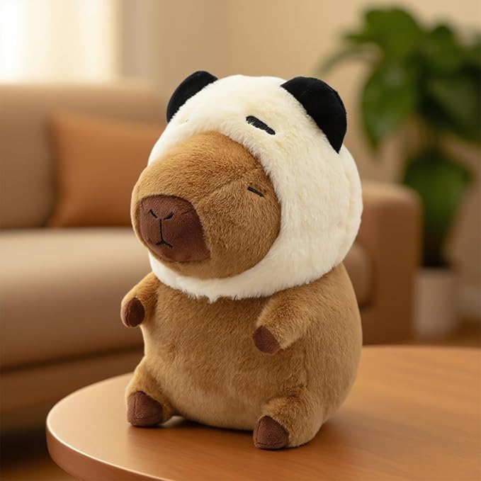 Cute Capybara Plush Wear Panda Hat, Kawaii Soft Capybara Plushie Pillow, 14 inch Capybara Stuffed Animal Hugging Gifts for Kids Adults (Panda Capybara)