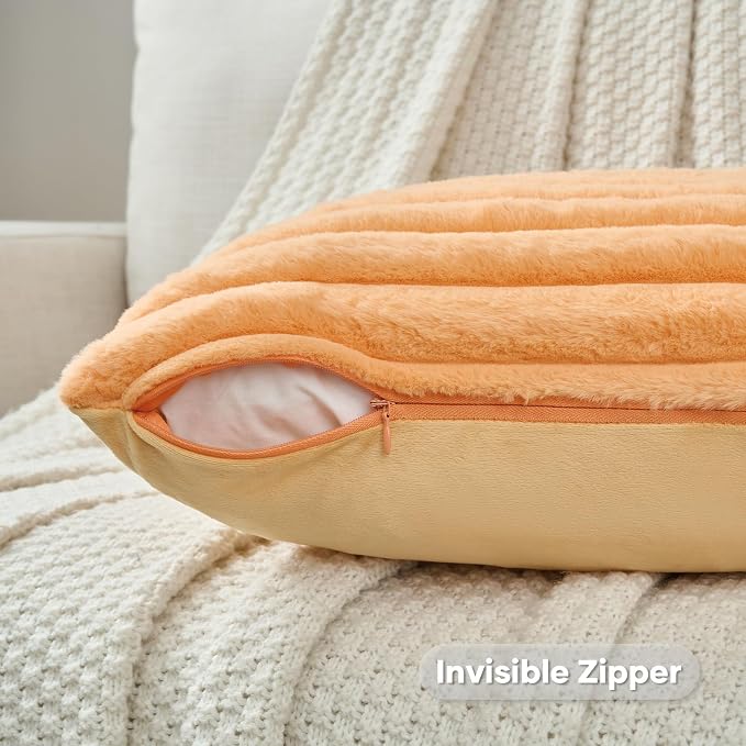 FUTEI Pack of 2 Faux Fur Throw Pillow Covers 26x26 Inch, Orange | Fluffy Faux Rabbit Fur Front/Premium Velvet Back,Hidden Zipper,Machine Washable,Non-Shedding,Colorfast,Insert Not Included.