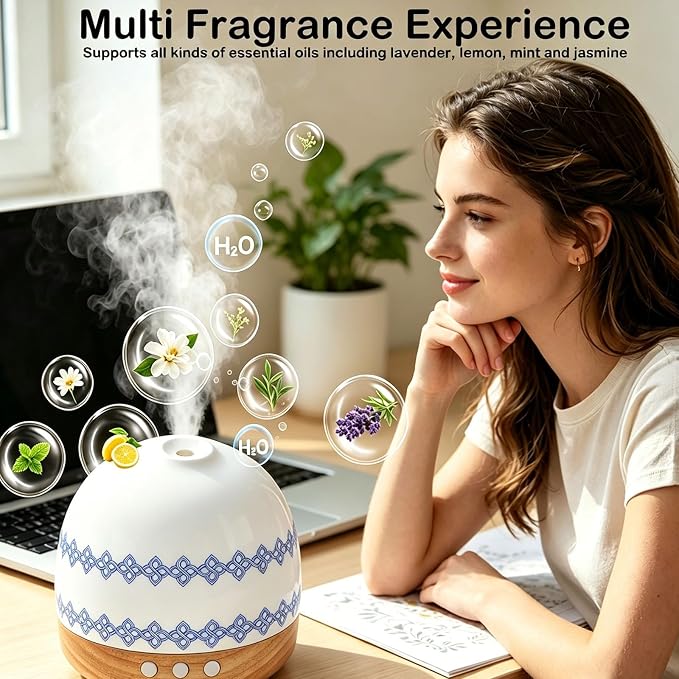 Aromatherapy Diffuser,300ML Handmade Essential Oil Ceramic Diffusers for Large Home with Cool Mist Humidifier & Night Light for Bedroom, Office, Yoga, Spa Women Gifts,Blue Flower