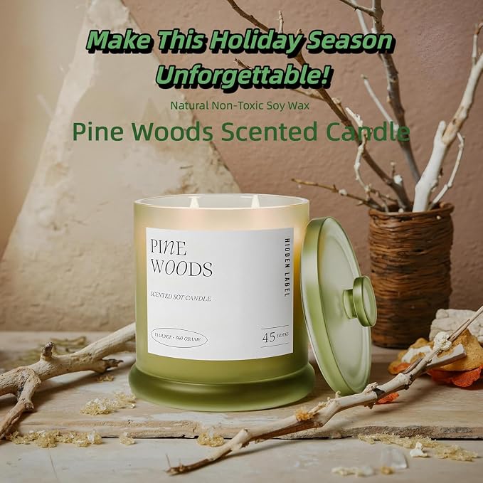 Hidden Label Pine Woods Soy Candle, 13oz 2-Wick, 45H Winter Holiday | Long Burn | Christmas Fir Aromatherapy | Non-Toxic Formula | Twin-Flame, Even Melt | Festive Gift