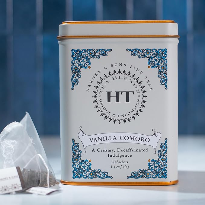 Harney & Sons Tea Decaffeinated, Great Present Idea, Vanilla Comoro, 1.4 oz Tin (20 Sachets)