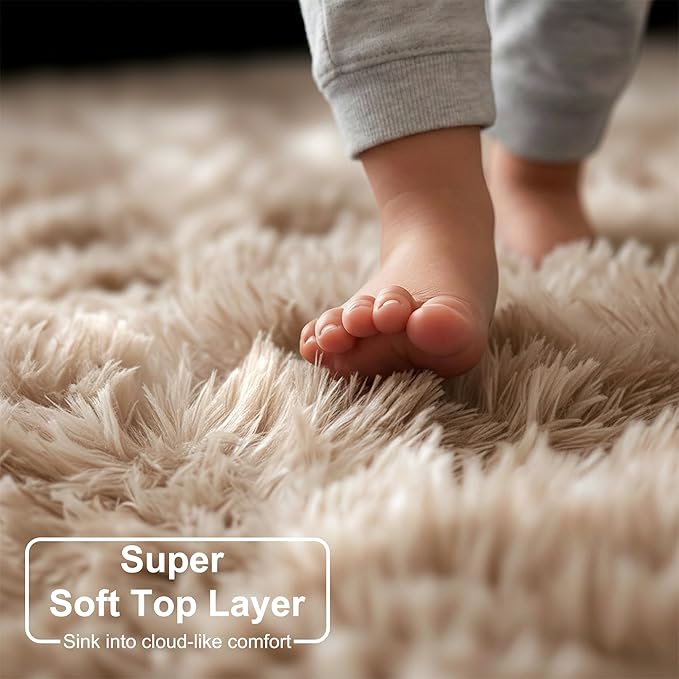 Amdrebio Beige Tan Furry Area Rug 4x6 for Bedroom Living Room Nursery Dorm | Fluffy Shag Cozy Plush Fuzzy Shaggy Carpet, Classroom Playroom Home Office Decor, Neutral Aesthetic, Baby Kids Toddler Corner