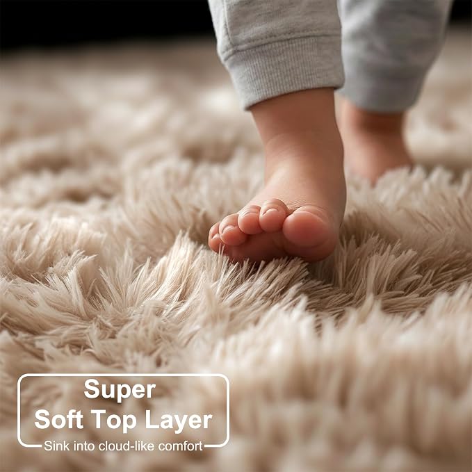Amdrebio Beige Tan Furry Plush Area Rug 5x7 for Bedroom Living Room Nursery | Shag Cozy Thick Fluffy Shaggy Khaki Carpet, Classroom Playroom Dorm Home Office Decor, Neutral Aesthetic, Baby Kids Corner