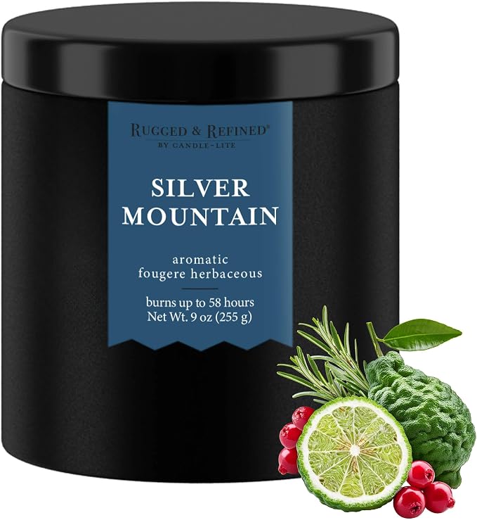 Candle-lite Rugged & Refined Scented Candle for Men, Silver Mountain, 9 oz Tin, Poured in the USA, Masculine Fragrance, 1-Wick, 58 Hours of Burn Time, Ideal Gift for Man in Your Life & Father's Day