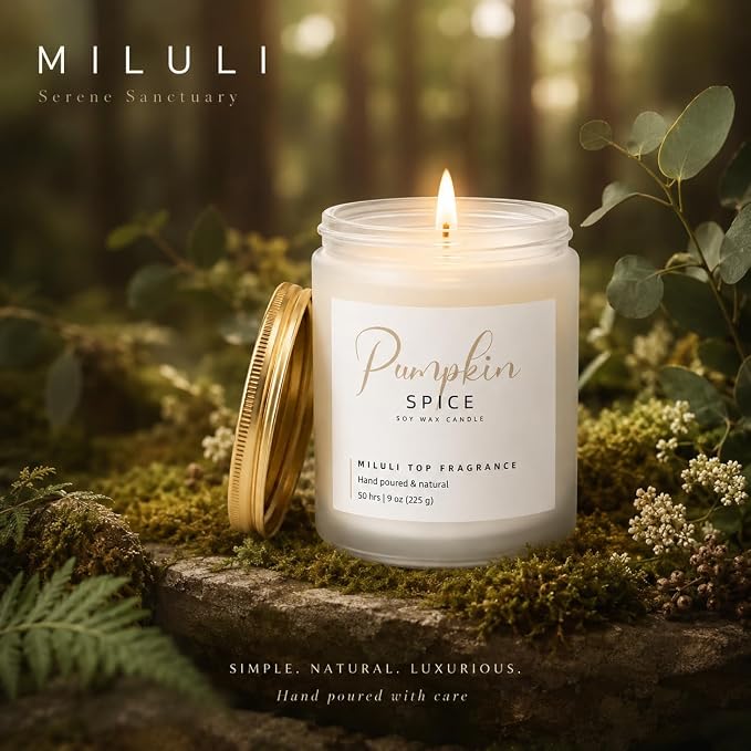 Pumpkin Spice Scented Candles for Home - 15% Essential Oil Luxury Aromatherapy - Handmade Natural Soy Wax Candle for Women Men Relaxation - 9oz Frosted White Jar,50H Clean & Non-Toxic Burn
