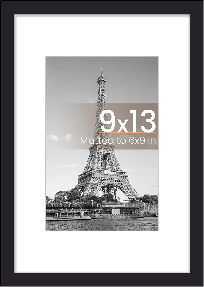 upsimples 9x13 Frame, Display Pictures 6x9 with Mat or 9 x 13 Without, Wall Hanging Photo Frames, Black, 1 Pack