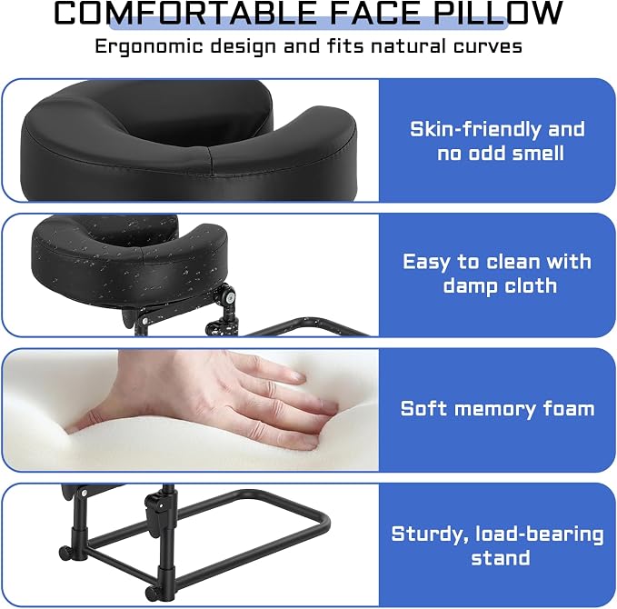 Massage headrest for Bed with Storage Bag Adjustable Mattress Top Massage Kit, Massage Face Cradle at Home for Massage SPA Foldable & Portable Face Down Pillow After Eye Surgery (Black)