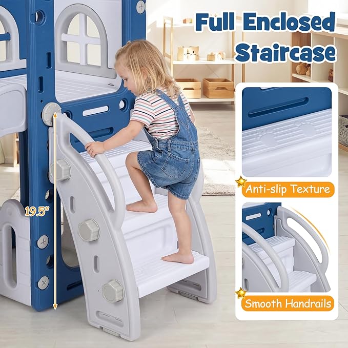BABY JOY Toddler Slide, 6-in-1 Indoor Kids Slide Playset with Basketball Hoop, Telescope, Climbing Ladder & Storage Space, Freestanding Playhouse & Climber for Kids Aged 1-3 (Deep Blue)