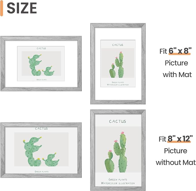 upsimples 8x12 Picture Frame, Display Pictures 6x8 with Mat or 8 x 12 Without, Wall Hanging Photo Frames, Gray, 1 Pack