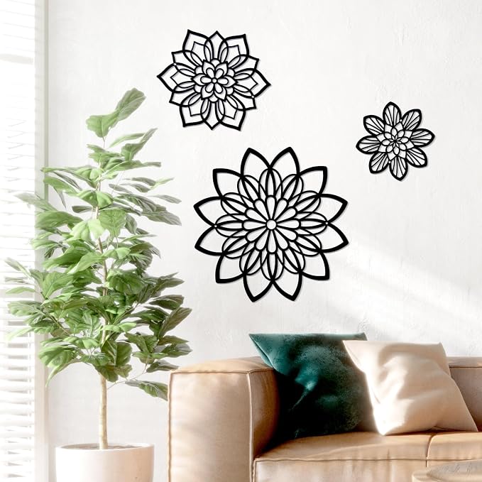 Zzbakress 3 Pcs Metal Flowers Wall Art Bathroom Wall Decor (Black Elegant) | Farmhouse Flower Bathroom Decor Wall Decorations For Bathroom, Living Room, Office, Kitchen, Hallway And Outdoor