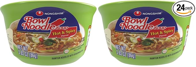 Nongshim Ramen Noodles, Gourmet Instant Ramen bowl, Premium Microwavable Noodle Soup, Hot & Spicy, 3.03 Ounce (Pack of 24)