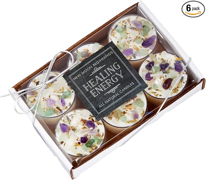 New Moon Beginnings Healing Energy Candle - Negative Energy Cleansing - Soy Aromatherapy - Handmade with Crystals & Herbs - Set of 6 Tealights