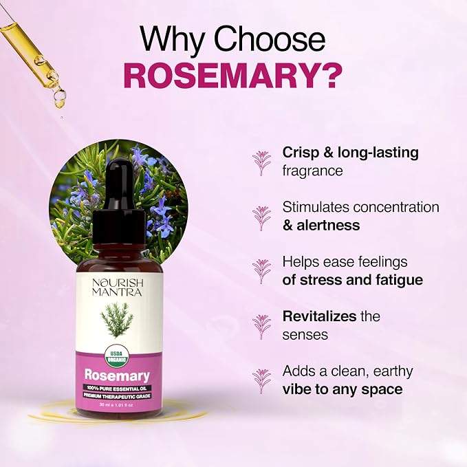 Nourish Mantra Organic Rosemary Essential Oil for Massage, Aromatherapy & Skin|100% Pure, USDA Certified Organic Rosemary Essential Oil|Perfect for Diffuser, Home & Car