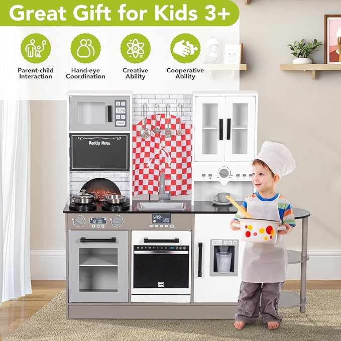 BRINJOY Play Kitchen Set for Kids, Wooden Toddler Kitchen Playset w/Curtains, Coffee Maker, Stove,Sink, Utensils, Light & Sound, Kids Pretend Play Kitchen Toy Set Gift for Girls Boys