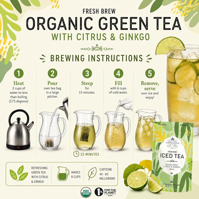 Harney & Sons Fresh Brew Iced Tea, Organic Green Tea with Citrus & Ginkgo, 15 Iced Tea Bags, Brews Up to 30 Quarts