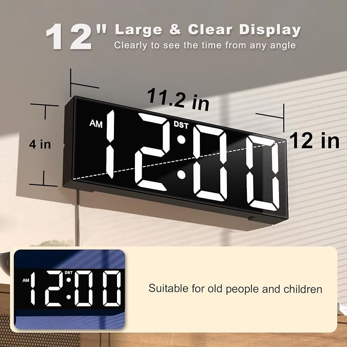 JALL Digital Wall Clock Large Display with Big LED Numbers, Remote Control, 8 RGB Colors, Auto DST, Night Light for Classroom Living Room Bedroom Birthday Gift for Senior (White Font, 12 inches)