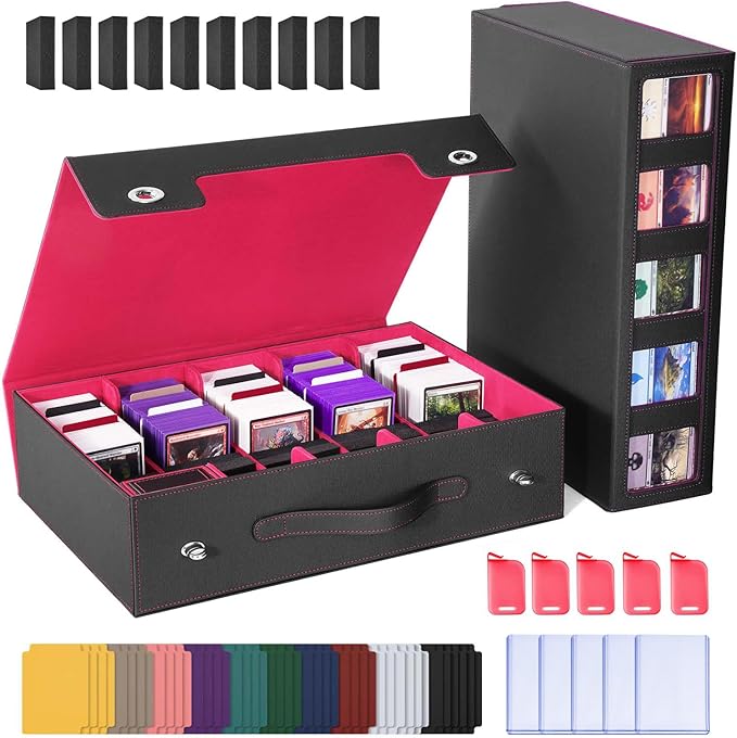 UAONO Trading Card Storage Box with Commander Display, 5 Row Magic Card Box with Handle & Aluminum Alloy Locking for 3900+ Unsleeved Cards Suits for MTG PTCG TCG Sports Cards (Black Red)