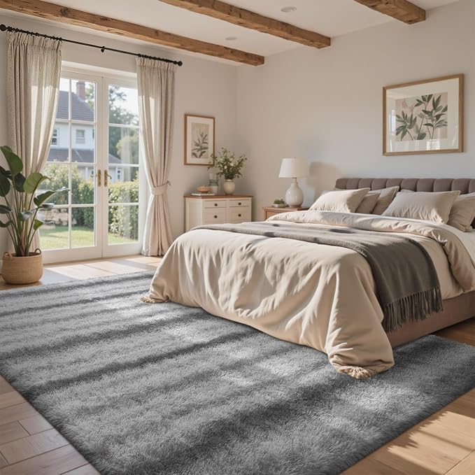 5x7 Ft Large Shag Rug for Living Room Bedroom,Tie-Dyed Ultra Soft Fluffy Furry Area Rug, Aesthetic Carpet for Indoor Floor Home Decor (Grey&White)
