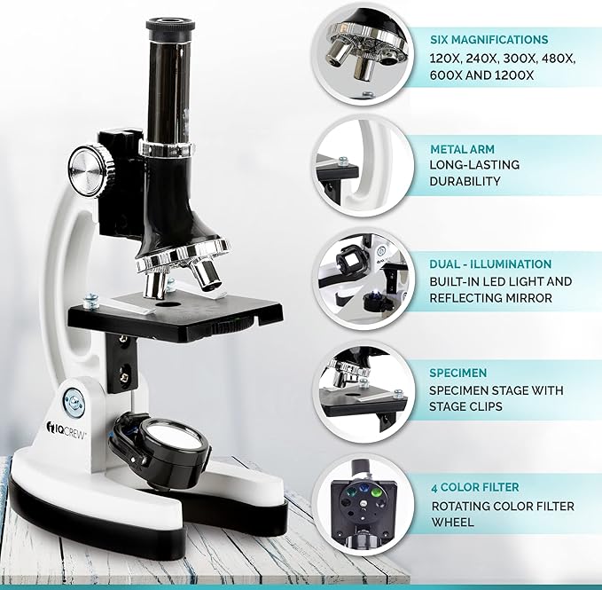 AMSCOPE-Kids 120X-1200X White Metal Arm Starter Kids Student Microscope Kit with Water Purification Activity Kit and Experiment Cards - M30-ABS-KT2-W-KVB1
