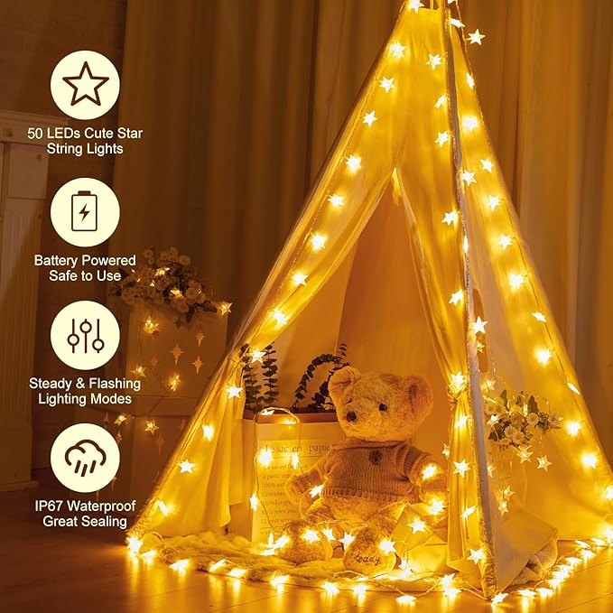 Minetom Star String Lights Battery Operated - 17 ft 50 LED Star Fairy String Lights with Timer, Waterproof for Indoor Bedroom Tent Loft Bed Patio Party Wedding Decor, Warm White