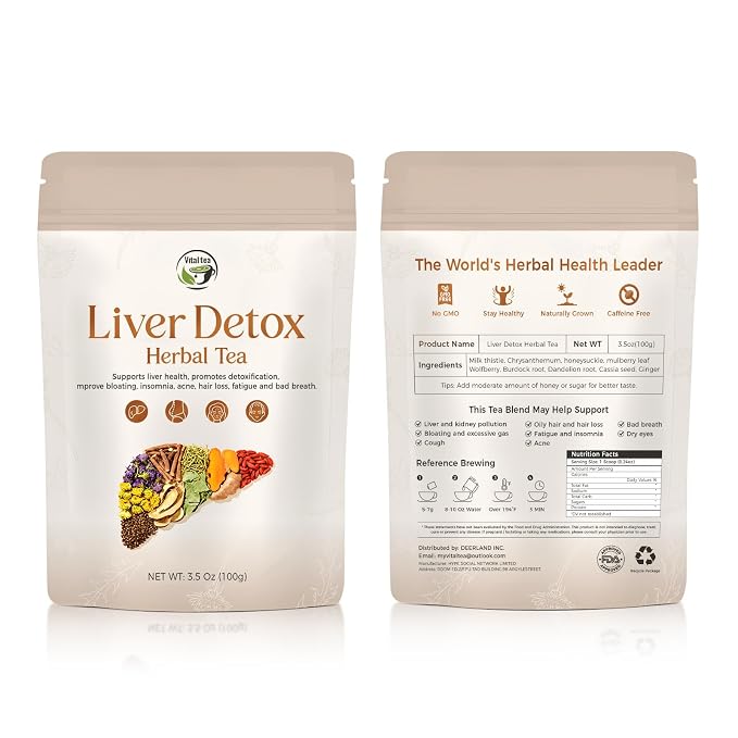 Vital Tea Liver Detox Herbal Tea, Liver Cleanse Detox Tea Blend with Milk Thistle, Dandelion Root, Chrysanthemum Natural Loose Leaf Tea for Liver Health, Caffeine-Free