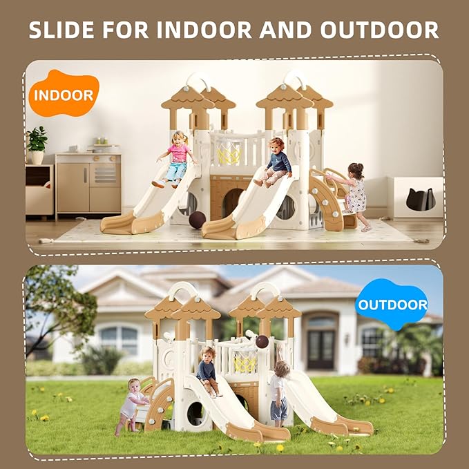 XJD 9 in 1 Toddler Slide, Jungle Double Slide Playset with Basketball Hoop, Tunnel and Storage Space, Outdoor Indoor Slide for Toddlers Age 1+,Tree House Design Toddlers Playground (Brown)
