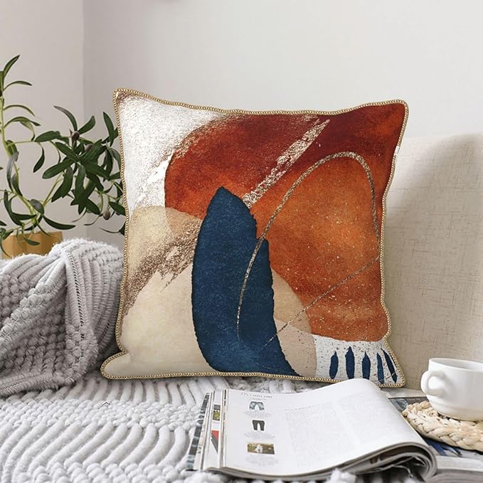 Navy Blue Burnt Orange Velvet Pillow Covers 18x18 Inch Boho Geometric Mid Century Throw Pillows for Couch Farmhouse Cushion Covers Pillowcase Modern Abstract Pillow Cases For Sofa Bed Outdoor Decor