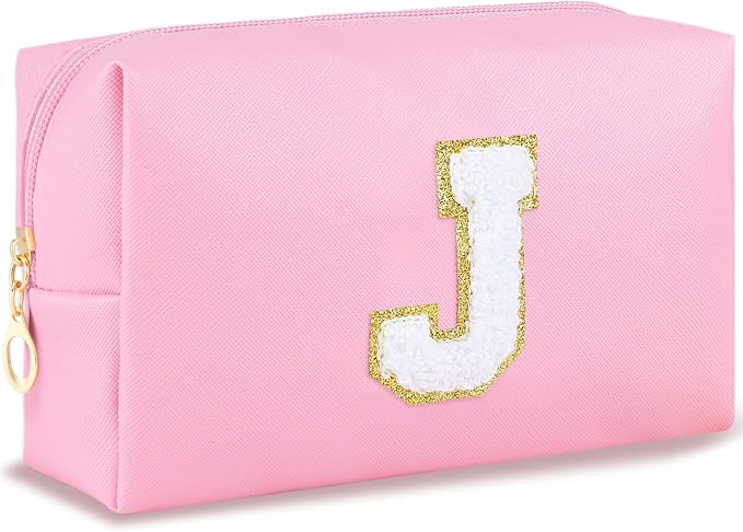 URSKYTOUS Gifts for Teacher Initial Makeup Bag Personalized Cosmetic Bag Cute Travel Toiletry Bag Small Chenille Letter PU Makeup Pouch Organizer Preppy Birthday Gift for Daughter Teen Girls (Pink J)