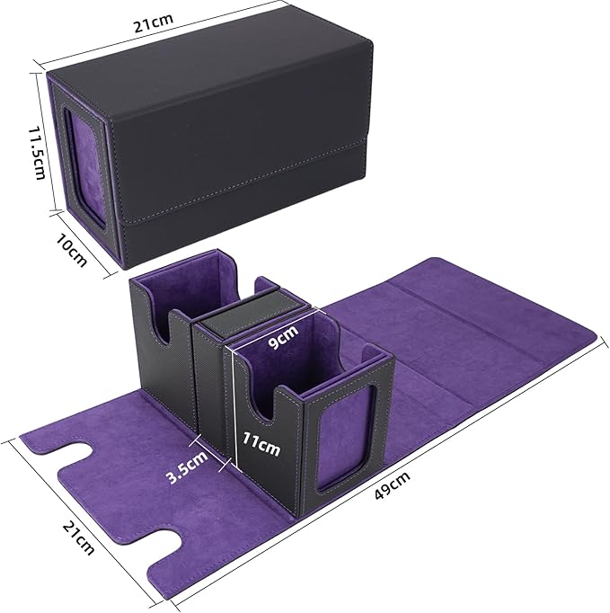AFIING MTG Commander Deck Box 200 Double Sleeved Cards Storage, 3-in-1 Magnetic Card Case Organizer for Magic: The Gathering TCG CCG, 4 Dividers & 2 Toploaders Black/Purple