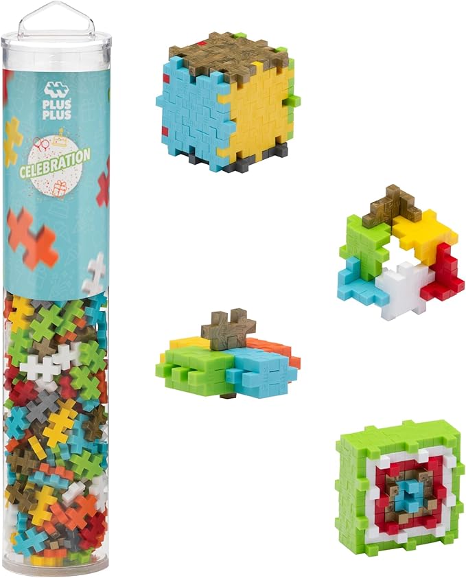 PLUS PLUS 240 Piece Interlocking Building Blocks for Kids, Open Ended Connecting Toys, STEM Bin Classroom Mini Manipulatives - Celebration Mix Play Tube