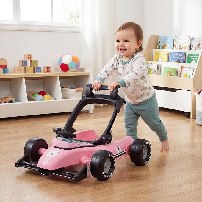 HONEY JOY Baby Walker, 4-in-1 Foldable Infant Activity Push Walker, Toddler Car Walker with Adjustable Heights, Music, Lights, Padded Seat, Baby Walker with Wheels for Boys Girls 6-18 Months (Pink)