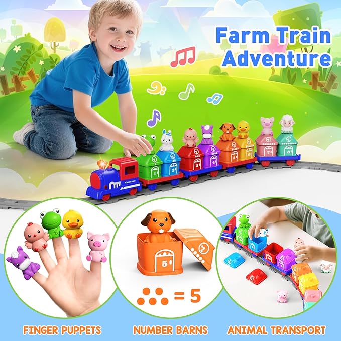 Learning Toys for Toddlers 1 2 3 Year Old,Electric Farm Train Set Toddler 2-4,Counting Matching & Sorting Montessori Train Toy with Farm Animals,Music,Light,Christmas Birthday Gift Baby Boy Girl(blue)