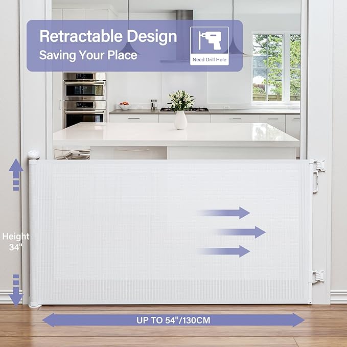 PRObebi Retractable Dog Gate for the House Extends to 54" Wide 34" Tall, Gates for Baby Indoor, Stair Gate for Outdoor, Staris, Hallways, Doorways, Deck, Porch, Need Drilling