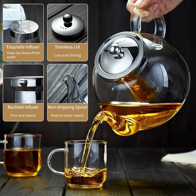 DOPUDO 40OZ (1200ML) Glass Teapot with Infuser Stovetop Safe, Clear Glass Tea Pot Kettle, Borosilicate Tea Pot with Infusers Filter for Loose Tea, Tea Kettle Dishwasher Safe.