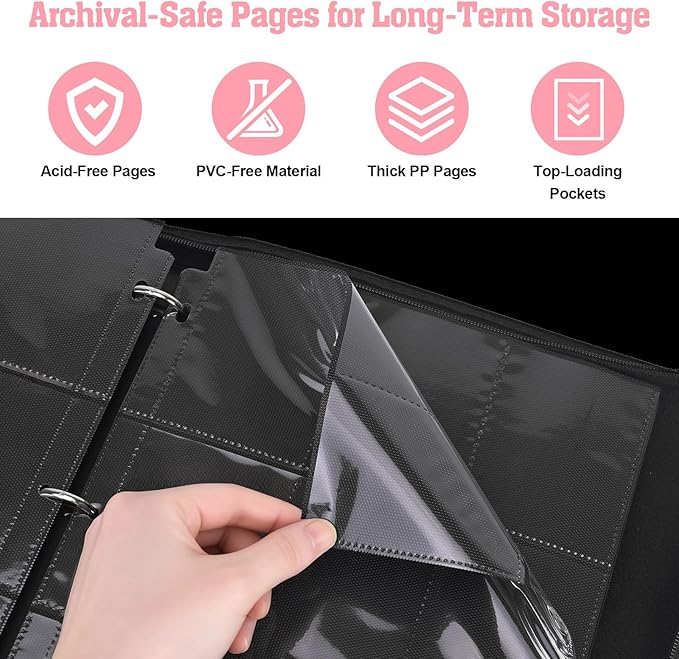 Trading Card Binder for TCG, 900 Pockets, 9-Pocket Top-Loading Pages, 3-Ring Zippered Album, Acid-Free PVC-Free, Fits Standard 2.5" x 3.5", PU Cover with Wrist Strap, Cute Cat Design