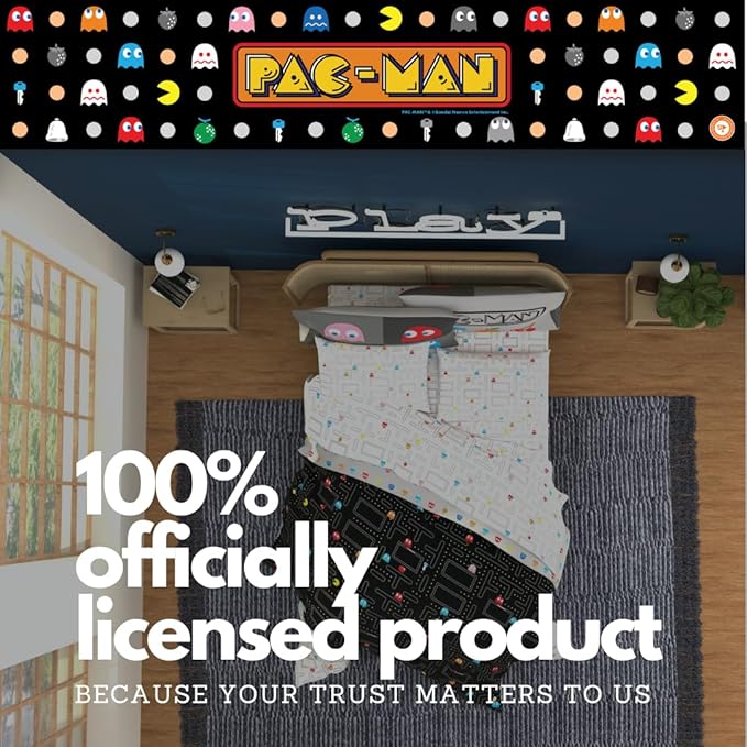 Pac-Man Gaming 5 Piece Super Soft Cozy Reversible Comforter and Sheet Set with Sham, Twin, (Officially Licensed Product) By Franco